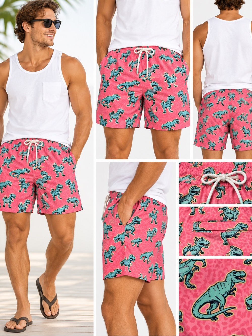 Member's Mark Men's Resort Swim Trunks Pink Dinosaurs T-Rex UPF 50 NWT  Large